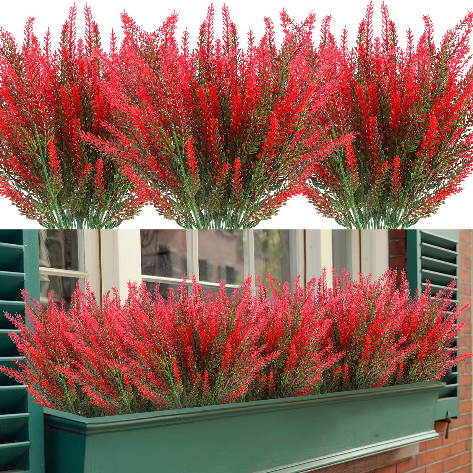 ZEOSTARO Artificial Lavender Flowers 12 Bundles Outdoor UV Resistant Fake Flowers No Fade Faux Plastic Plants Garden Porch Window Box Decorating (Deep Red)