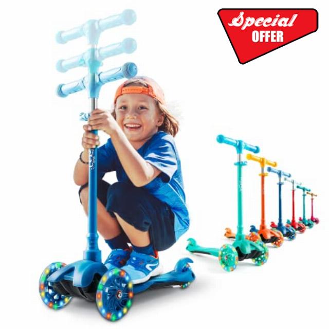 Kicksy - Kids Scooter - Toddler Scooter for Kids 2-5 Adjustable Height -3 Wheel Scooter for Kids Ages 3-5 Boys & Girls- Kids Three Wheel Scooter with Light Up LED Wheels Made for Stable Ride