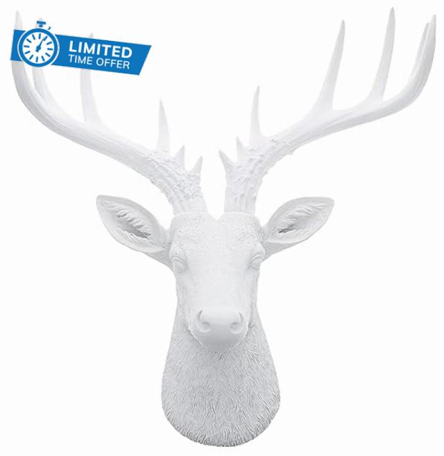 Top Brass 12 1/2" Faux White Deer Head/White Antlers Wall Decor - Modern Minimalism Taxidermy Art Sculpture