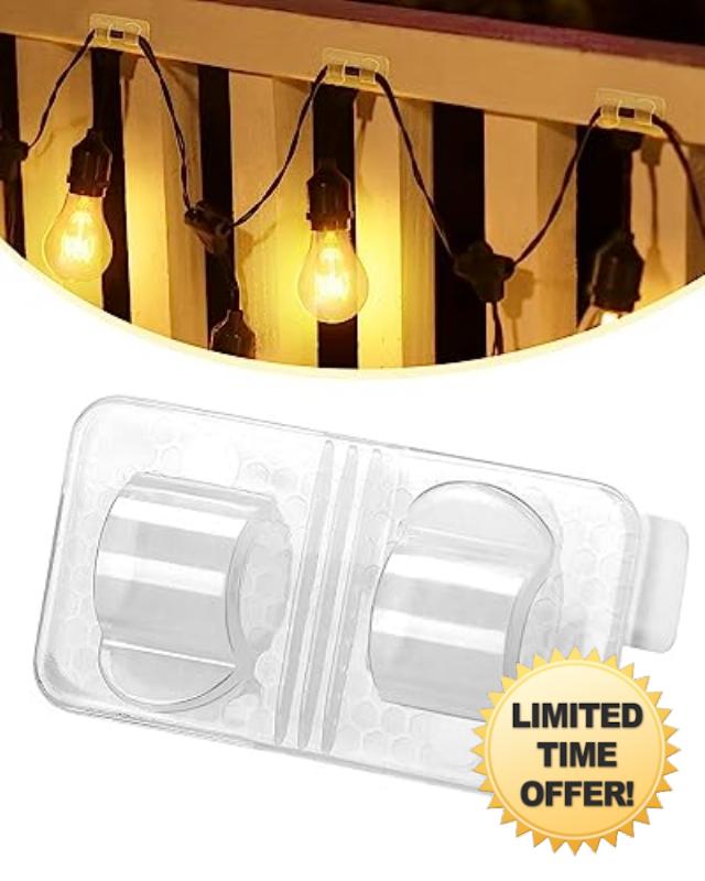 Hooks for Outdoor String Lights Clear - 50 Pack Outdoor Light Clips with Large Waterproof UV-Resistant Adhesive Strips - Hooks for Outside Hanging Light Cable Cord Holders Organizer Heavy Duty