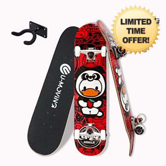U-Moving Skateboards for Beginner Adults Youths Teens Kids Girls Boys 31"x 8" Skate Boards Canadian Maple Double Kick Concave Complete Standard and Trick Skateboard with T-Tools Backpack & Wall Mount