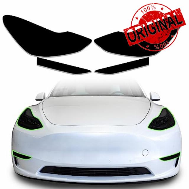MusTree Precut Vinyl Overlay Tint Kit Film Fit for Tesla Model Y 2020-2023 Accessories with Gloss Dark Smoke Wrap Cover Vinyl Decals Exterior Parts (Headlight+Front Fog Lights)