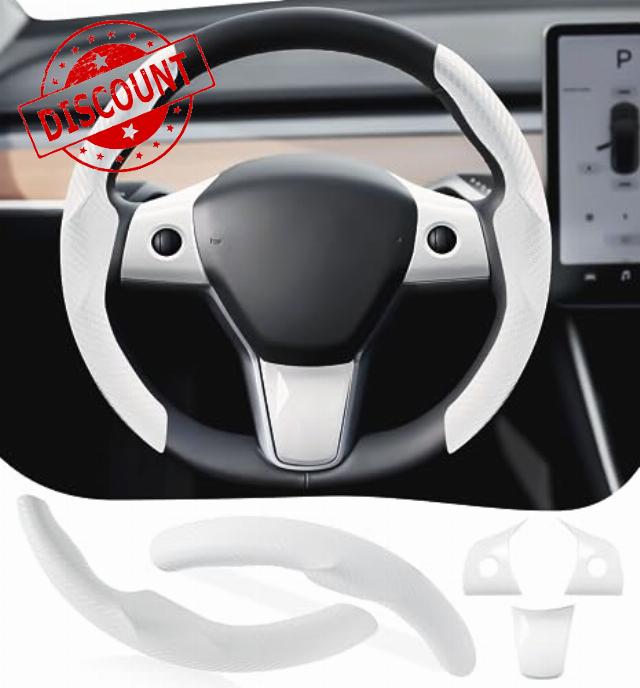 BASWEY Car Carbon Fiber Steering Wheel Cover Compatible with Tesla Model Y 3 Non Slip Steering Wheel Wrap Protector Accessories 5 Pcs White
