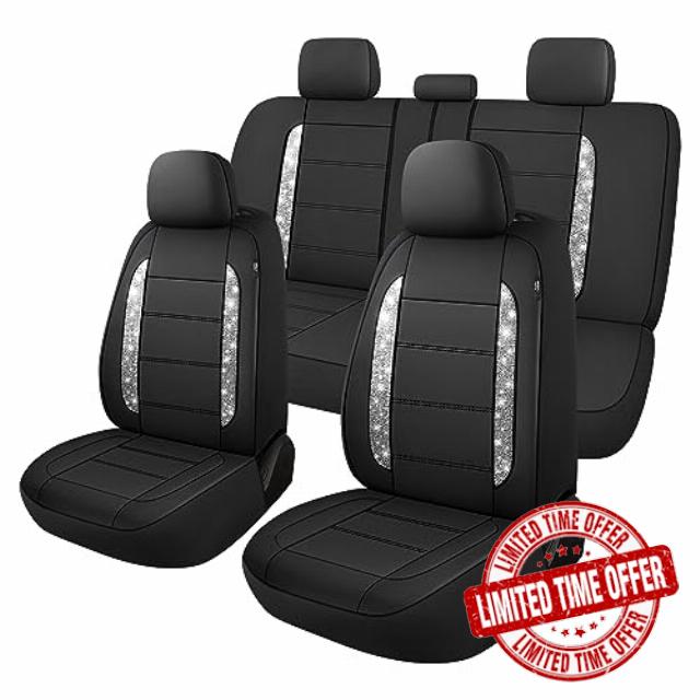 CAROMOP Bling Leather Car Seat Covers Full Set for Cute Women Girl-Shining Rhinestone Waterproof Seat Cover for Automotive
