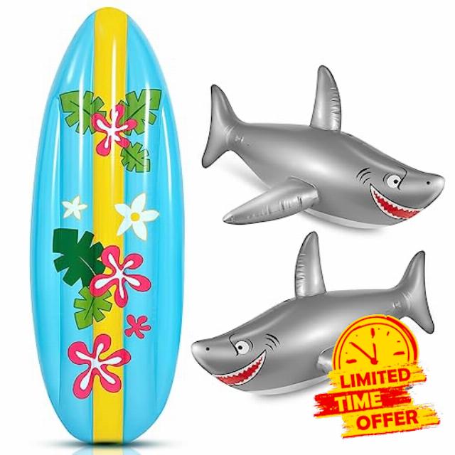 Cunhill 3 Pcs Inflatable Surf Board and Shark Luau Decoration Include 2 Pcs 38.9 in Shark Pool Toy and 60 in Inflatable Surfboard Decor Shark Party Decorations for Adults Boys Girls Surf Beach Party