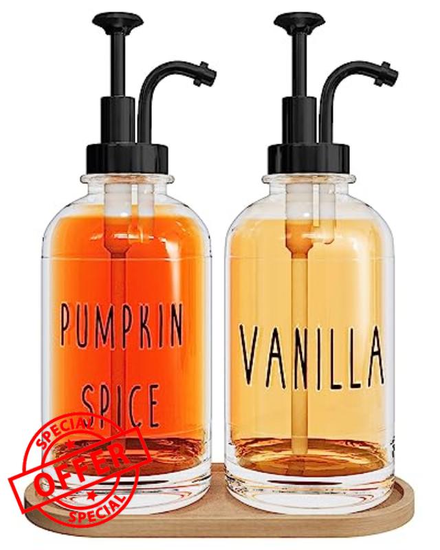 Coffee Syrup Dispensers for Coffee Bars - 16.9 oz / 500 ml Glass Bottles with Pumps and Labels in Elegant Gold Finish Set of 2 (500ml