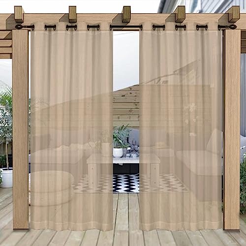 Khaki Linen Look Semi-Sheer Curtains Waterproof Light Filtering Voile Outside Grommet Drapes for Pergola Balcony Pool Indoor 2 PanelsW52 x L96