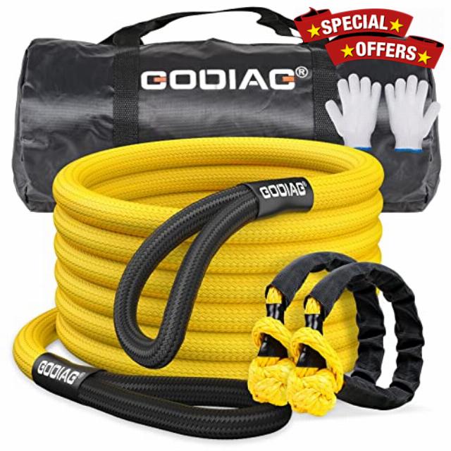 GODIAG Kinetic Recovery Tow Rope 1" x 20' (33000lbs MBS) with 2 Soft Shackle