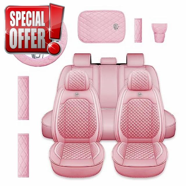 Jusen Pink Car Accessories Set Car Seat Covers Full Set Steering Wheel Cover Headrest Cover Center Console Pad Seat Belt Pads Gear Cover for Women Girl Car Interior Decor (Pink-Full Set)