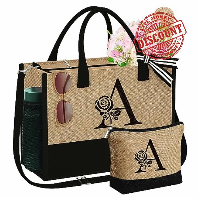YOOLIFE Tote Bag for Women with Makeup Bag Initial Jute Beach Bag with Adjustable Strap Personalized Birthday Gifts for Women