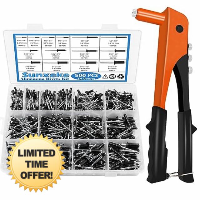 Sunxeke 500pcs Pop Rivets Black Aluminum Rivets Pop Rivets Assortment Kit & Rivet Gun Rivet Tool Hand Riveter