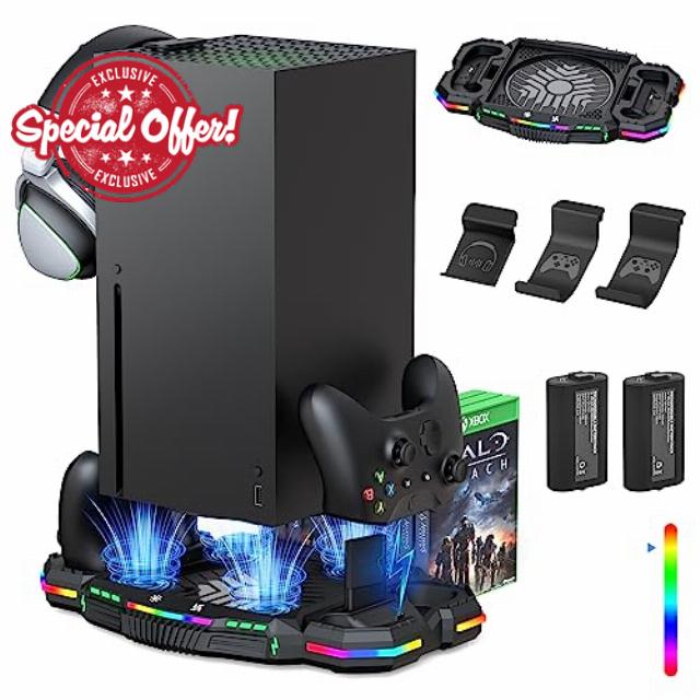 Wiilkac Vertical Cooling Fan Stand and Dual Controller Charging Station for Xbox Series X with RGB Color Lights/USB Ports