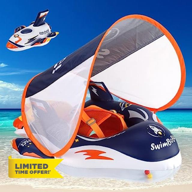 Baby Pool Float with Canopy 3D Rocket and Add Tail Design. Upgraded Thick PVC Infant Swim Floats with Harness