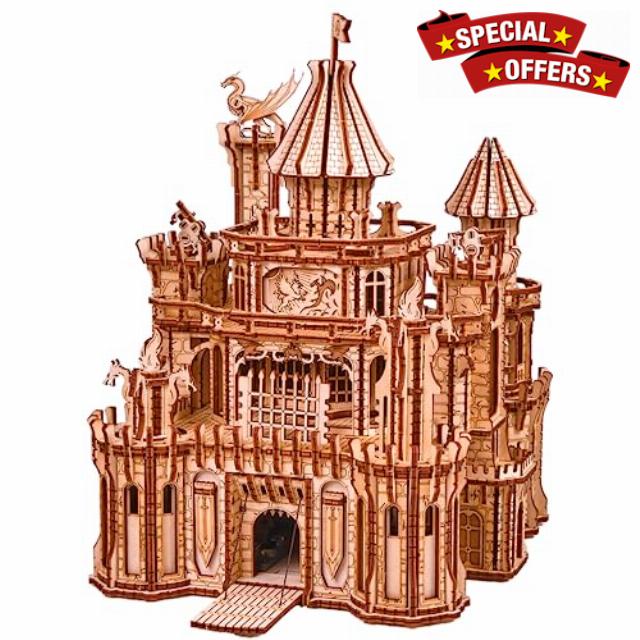 Wood Trick Dragon Castle Moveable Wooden 3D Puzzles for Adults and Kids to Build - Red LED - Greensleeves Melody - Towers Rotating - Engineering DIY Project Mechanical Model Kits for Adults Models