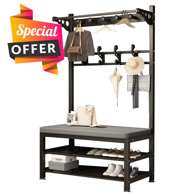 Coat Rack With Shoe Rack Hall Tree With Shoe Bench And Seat Cushion For Entryway Steel Frame 4-in-1 Design Storage Organizer For Mudroom Hallway Foyer (Color : Black