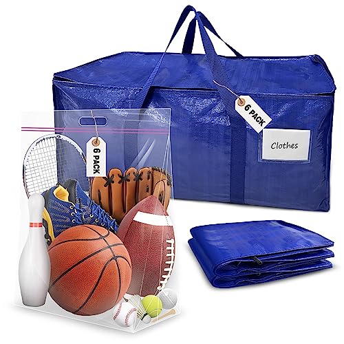 6 Extra Large Heavy Duty Bags with Handles and 6 Plastic Big Storage Tote Bags for Space Saving