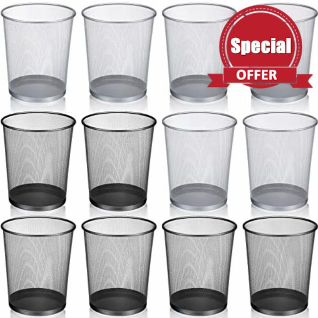 Shimeyao 12 Pack Mesh Trash Can 6 Gallon Trash Basket Metal Round Garbage Can Black Silver Wire Mesh Waste Basket Medium Garbage Basket for Home Office Bedroom Bathroom Kitchen Dorm
