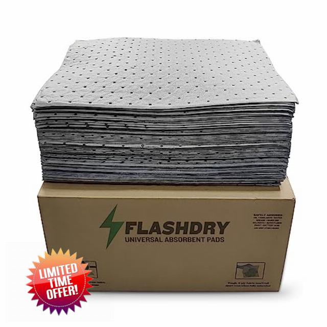 FlashDry - Universal Spill Absorbent Pads (100 Pads per Container) | 15” x 17” x 2mm Oil and All Purpose Premium Liquid Pads Packed in a Convenient Lightweight Box