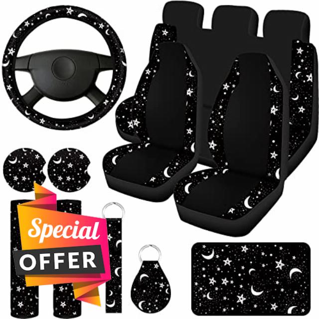 Yexiya 15 Pcs Moon and Star Car Seat Covers Full Set for Women Men Bee Daisy Leopard Print Car Accessories Set Steering Wheel Cover Armrest Pad Cover Seat Belt Pads Wrist Keychain (Moon