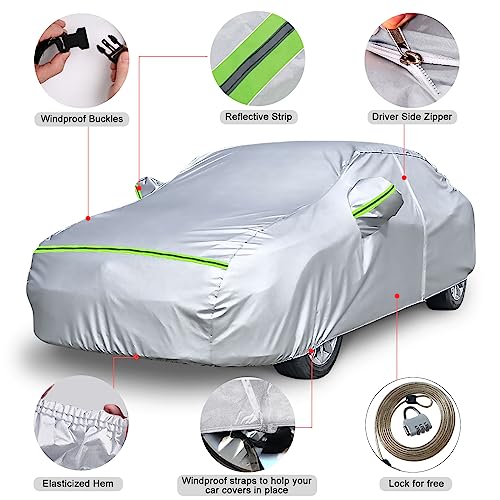 6 Layers All Weather Custom-fit Car Cover with Zipper Door & Windproof Bands for Snow Rain Dust Hail Protection (Accord)