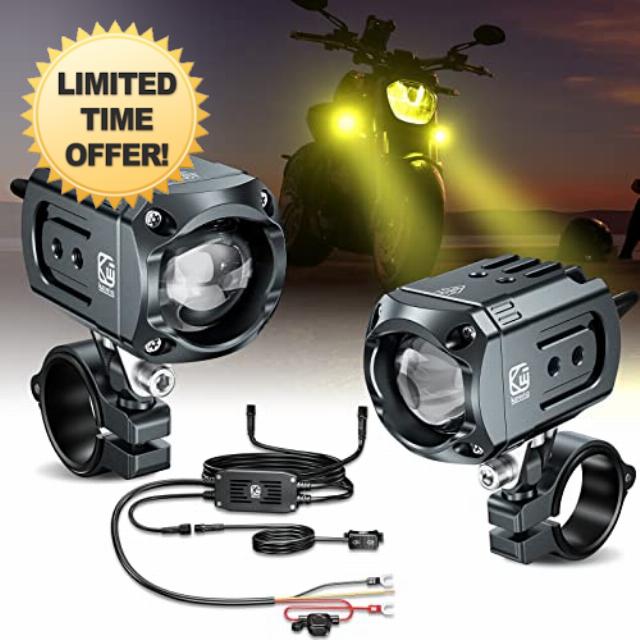 Kewig Motorcycle Auxiliary LED Light Kit Driving Spotlights White/Amber Fog Light with Mount Brackets Wire Harness Waterproof 60W Offroad Work Lights Compatible with Motorcycle J-eep Car Truck