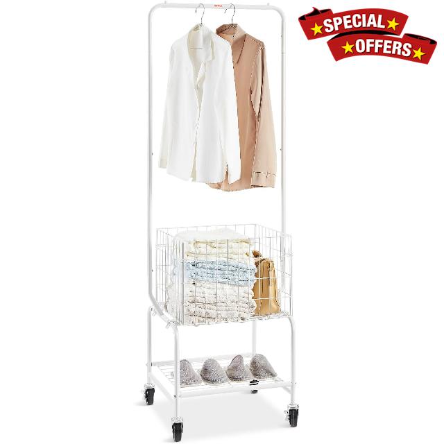 VEVOR Metal Rolling Laundry Basket with Hanging Garment Rack