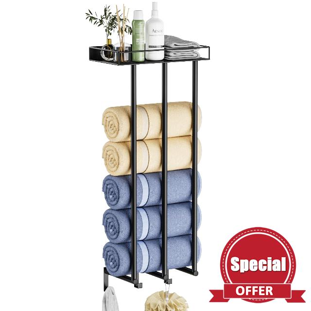Ovicar Towel Racks for Bathroom - Wall Mounted Rolled Towels Storage with Metal Shelf & 3 Hooks
