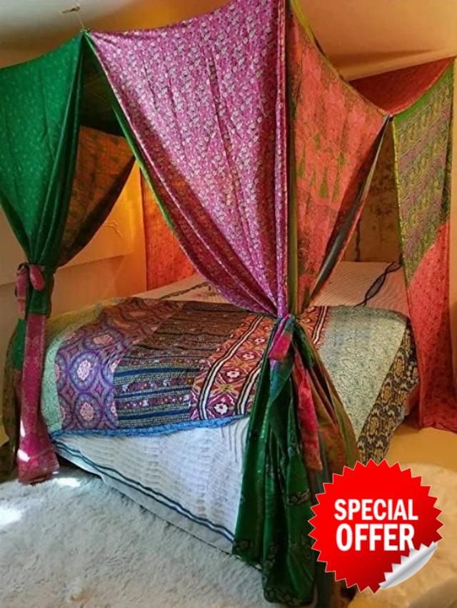 KLAVATE Bed Canopy Curtains Boho Curtains Bohemian Decor Indian Silk Sari Saree Bohemian Wedding Backdrop (Queen)