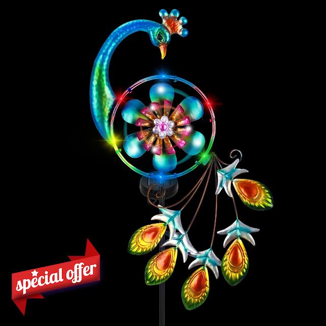 JOHOO Solar Metal Stake with Wind Spinner (Peacock)