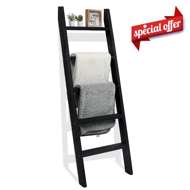 FUIN 5 Ft (58") Wood Decorative Wall Leaning Blanket Ladders Bathroom Storage Quilt Towel Display Rack Shelf Holder Rustic Farmhouse