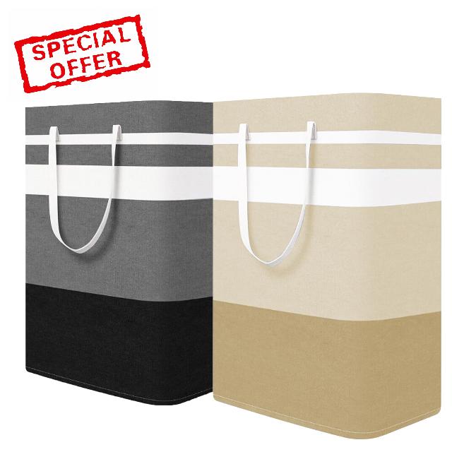 Kewjug 2-Pack Large Laundry Hamper Laundry Basket,Freestanding Waterproof Collapsible Laundry Baskets for Clothes Organizer in Laundry Room Bedroom Bathroom 80L (Black&Beige)