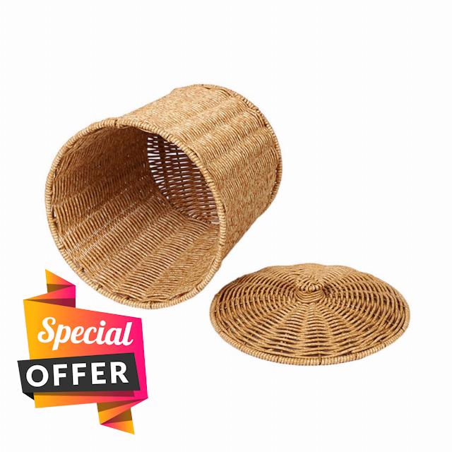 Garneck Storage Basket with Lid White Wicker Basket Organizer with Lid Storage Bins Baskets Laundry Basket Dirty Clothes Basket Woven Laundry Hamper Plastic Holder Makeup Organizing Basket
