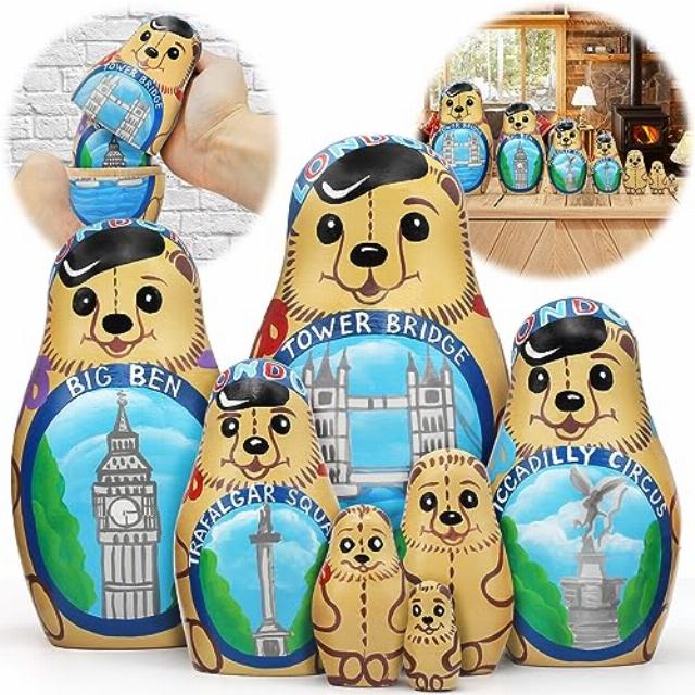 AEVVV London Bear British Nesting Dolls Set of 7 pcs - British Themed Gifts Matryoshka Doll - Russian Dolls English Decorations - London Souvenirs Gifts UK
