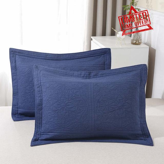ANGIYUIN 100% Cotton Navy Blue Quilted Pillow Shams King Size Set of 2