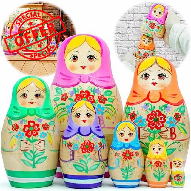 AEVVV Russian Nesting Dolls Set 7 pcs - Matryoshka Dolls with Traditional Painting - Hand Crafted Russian Dolls with Flower Decorations - Handmade Matryoshka Babushka Dolls