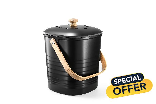 Bamboo Fiber Compost Bin Kitchen Counter - Stylish Indoor Compost Bucket for Kitchen Countertop - Includes 2 Charcoal Filters 15mm Thick - Recycling Trash Food Waste Composter Bins (Black)