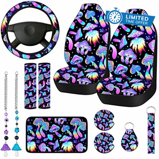 Estune 12 Pcs Car Seats Covers Mushroom Car Seat Covers Full Set for Women Car Accessories Hanging Ornament Steering Wheel Cover Seat Belt Cover Armrest Cover Wrist Keychains Car Cup Mats (Stylish)