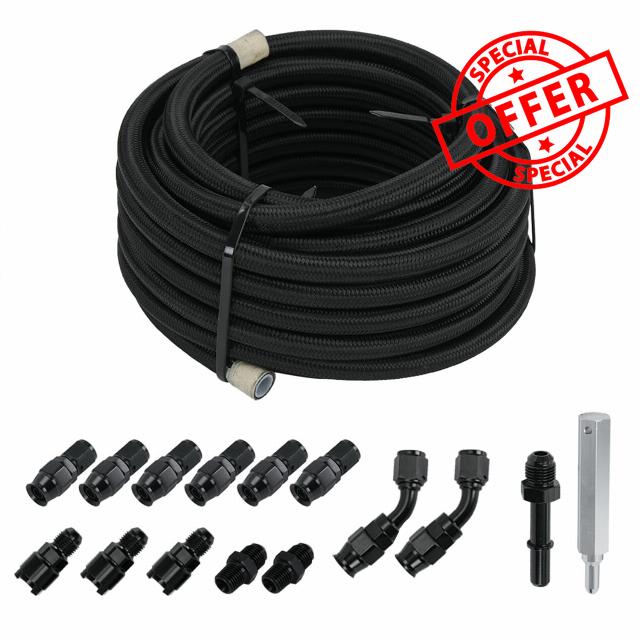 PQY 6AN 3/8" PTFE LS Swap EFI Fuel Line Fitting Kit E85 Nylon Braided Fuel Hose 25FT Black