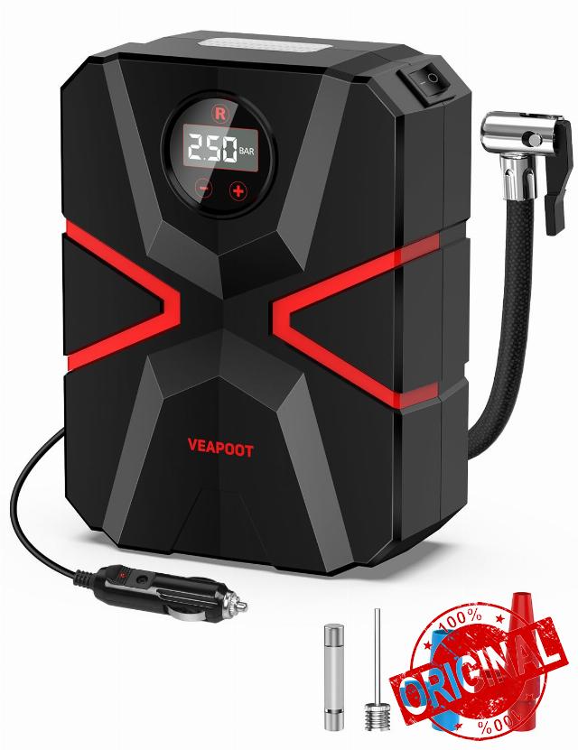 Veapoot Tire Inflator Portable Air Compressor Air Pump for Car Tires (up to 150 PSI) 12V DC Auto Tire Pump with Digital Pressure Gauge with Emergency LED Light for Car