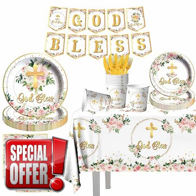 First Communion Decorations-142pcs God Bless Tableware (Fish)