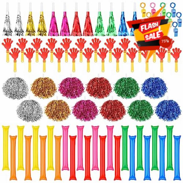 Jenaai 96 Pcs Cheering Noise Makers Party Favors Include 24 Thunder Sticks 24 Hand Clappers 24 Cheerleading Poms 12 Fringed Blowouts Whistles 12 Colorful Plastic Whistle for Dance Football Favors