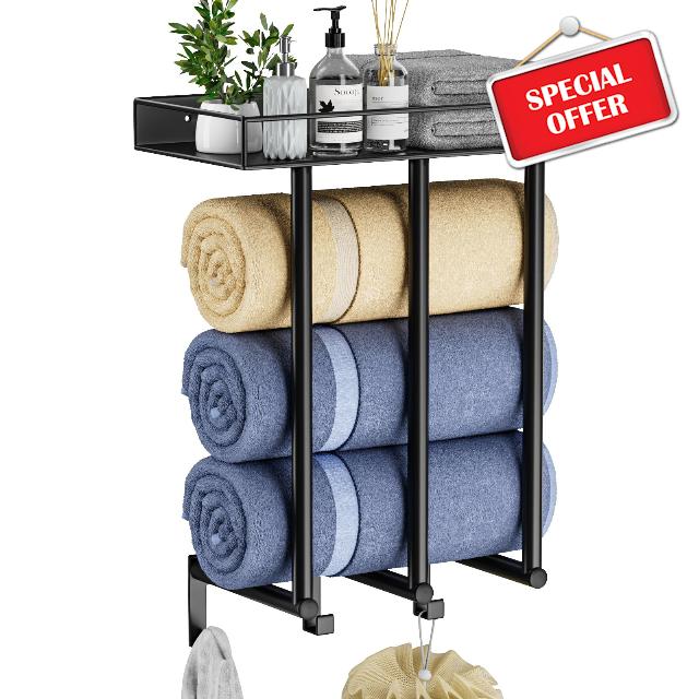 Ovicar Towel Racks for Bathroom - Wall Mounted Towel Rack with Metal Shelf & 3 Hooks