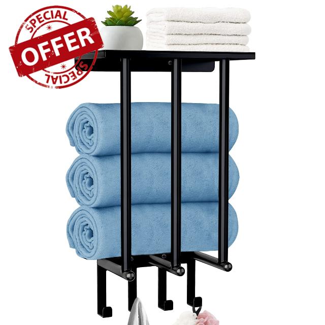 Bath Towel Rack with 4 Hooks - Wall Mounted Towel Holder for Bathroom