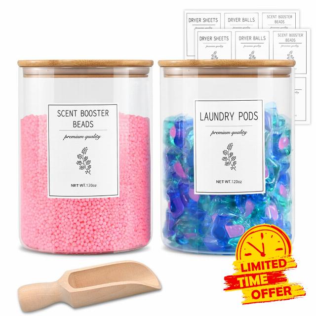 Laundry Pods Container with 1 Scoop & 12 Labels for Laundry Room Organization and Storage