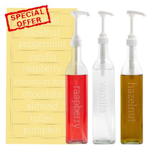 Darware Coffee Syrup Pump Bottles (Set of 3); Empty Glass Pump Dispensers w/Labels for Coffee Bar
