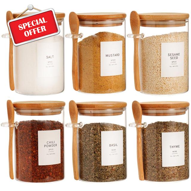HHMJSM 6 Pcs Glass Jar with Bamboo Lid and Spoon - 17 oz Large Sugar Container with 148 Kitchen Pantry Spice Jar Labels Preprinted - Glass Containers with Wooden Lids Hold Coffee