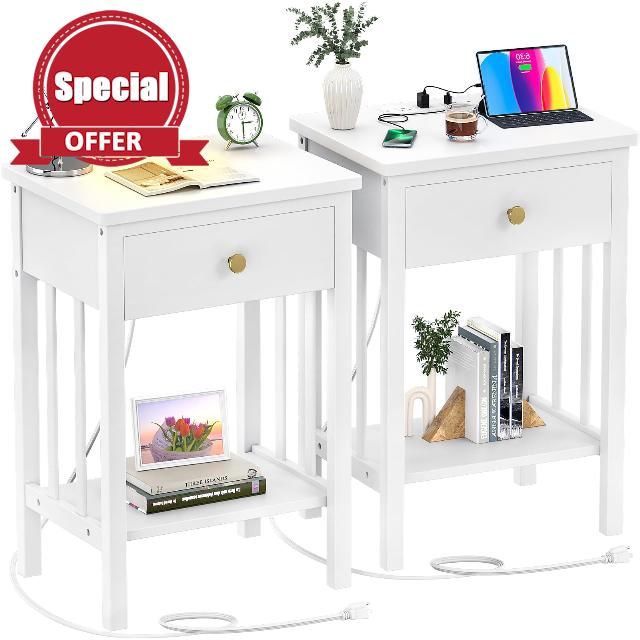 Hoiplu White Nightstand with Charging Station Set of 2