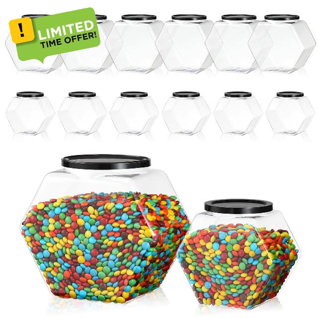 Dandat 12 Pcs Hexagon Shaped Jars with Lids Plastic Cookie Container 30oz and 73oz Clear Wide Mouth Candy Storage Jar for Cookies
