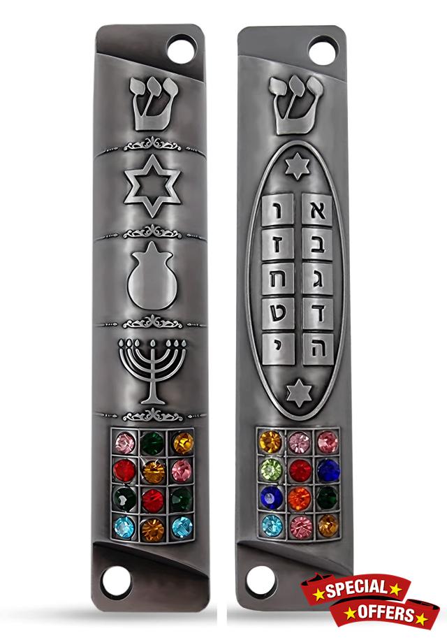 Set of 2 Pewter Mezuzah Case with Scroll for Door Jewish Symbols Star of David Menorah Ten Commandments 12 Tribes of Israel Mezuzah Set Judaica Gift 10 cm / 4 inch