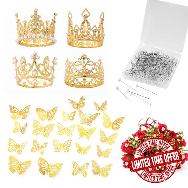 WATHFKCU 152Pcs Flower Bouquet Accessories 3D Gold Butterfly Decor Mini Tiara Crown Bouquet Corsages Pins Pearl Pins Flower Bouquet Accessories for Birthday Wedding Party Decoration